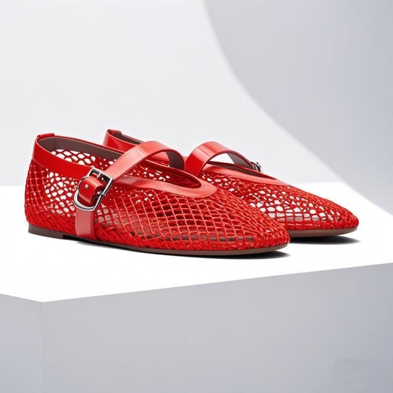 French-Style Hollow Fishnet Ballet Shoes Women'S Summer Outfit One-Character Buckle Flat Shallow Mesh Shoes - Image 2